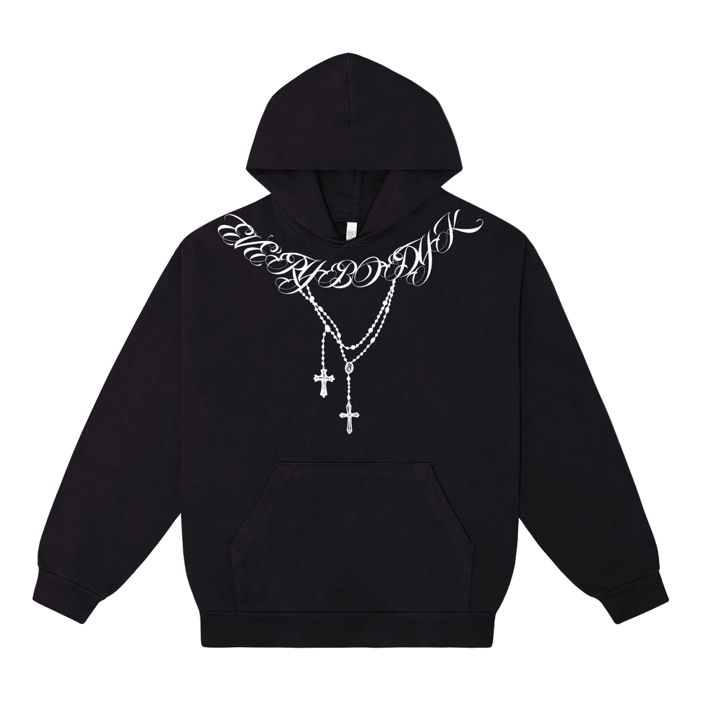Front of Black Anti Hoodie with EVERYBODYK Old English text graphic on heavyweight 450 GSM French Terry fabric.