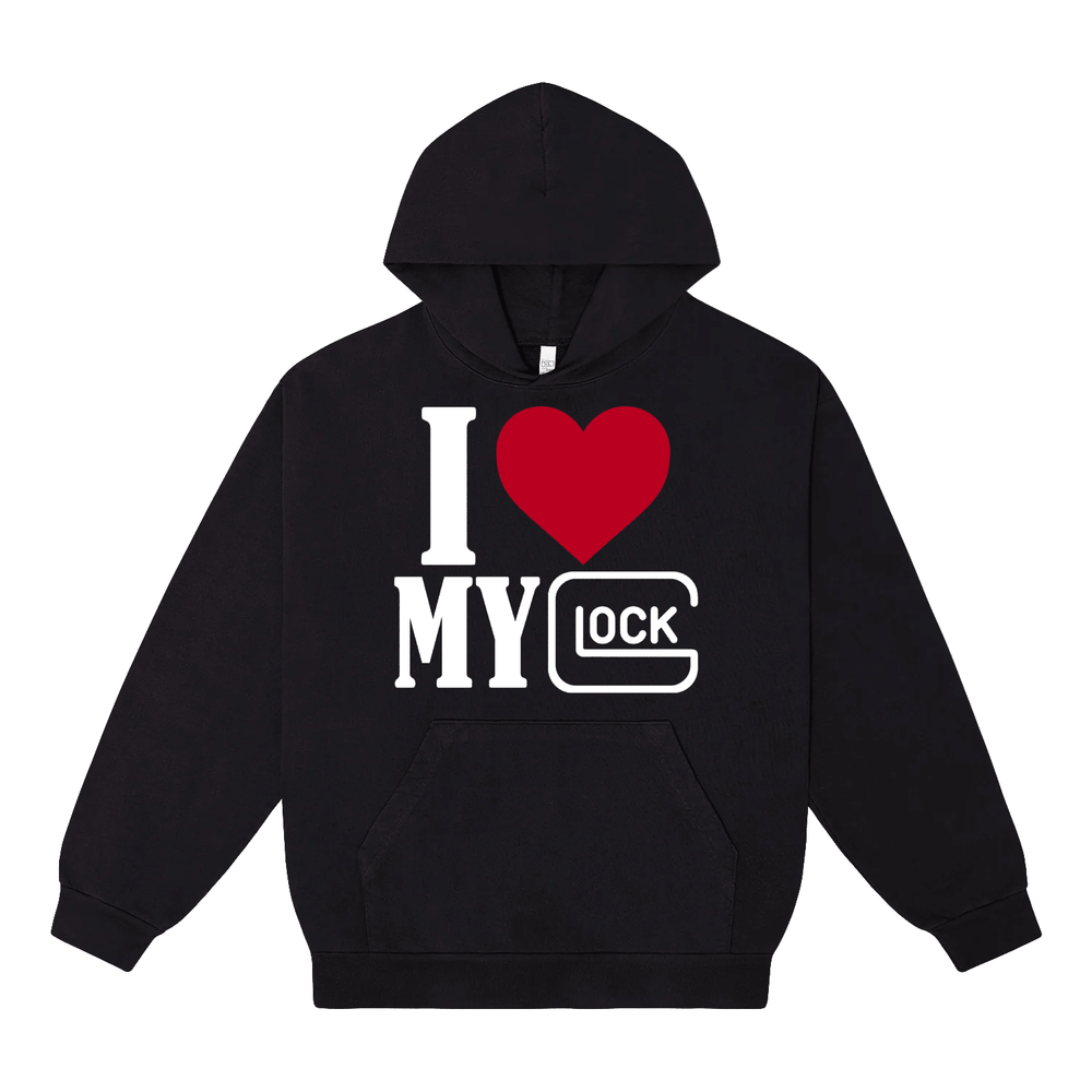 Limited Edition GLOCK HOODIE with 3D "I Love MY GLOCK" puff print and signature 5 stars on back. Slightly oversized fit.