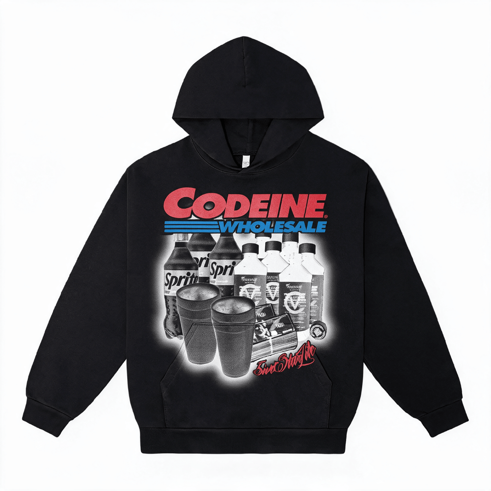 Front view of black 5IVESTAR LIFE Plug Hoodie made of French terry with premium graphic and kangaroo pocket. LA Streetwear